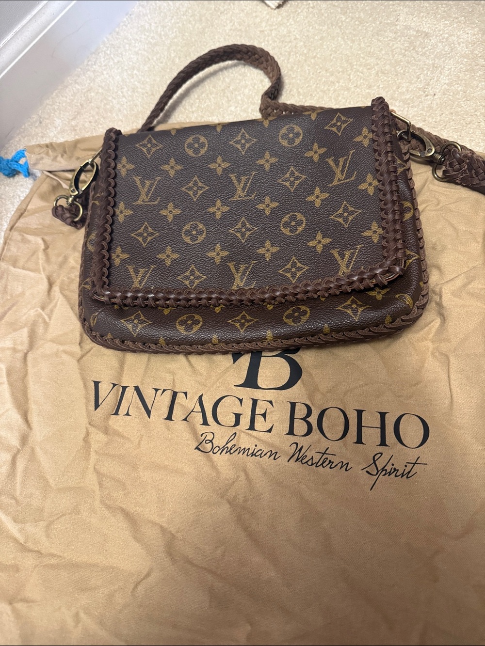 Vintage Boho Louis Vuitton Brown Monogram Braided Trim Crossbody Bag